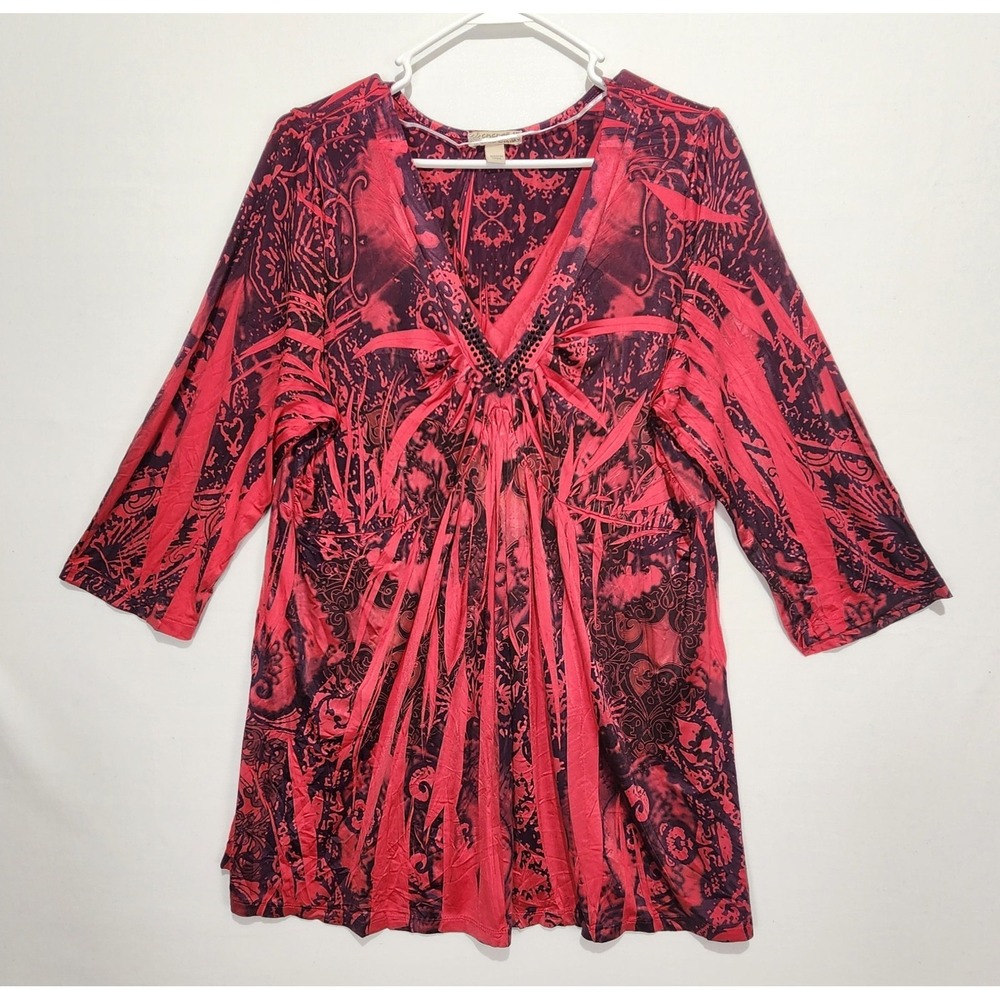 Energe World Wear Women's Y2K Rhinestone Preppy Red Blouse Size 1X‎